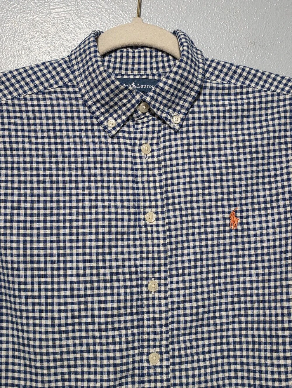 RALPH LAUREN Boys Button Down Shirt Size Medium Blue White Gingham Cotton Preppy